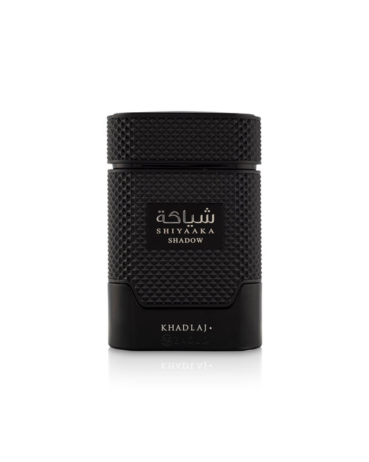 Black perfume bottle with 'Shiyaaka Shadow' and 'Khadlaj' branding on a white background