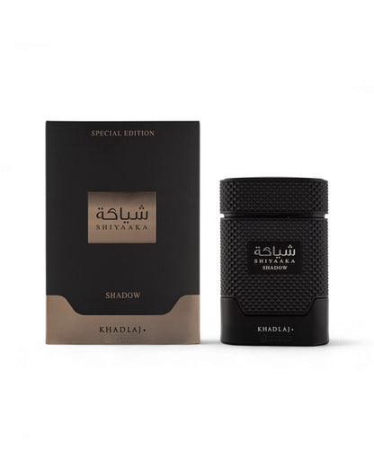 Khadlaj shiyaaka shadow perfume bottle and packaging on a white background