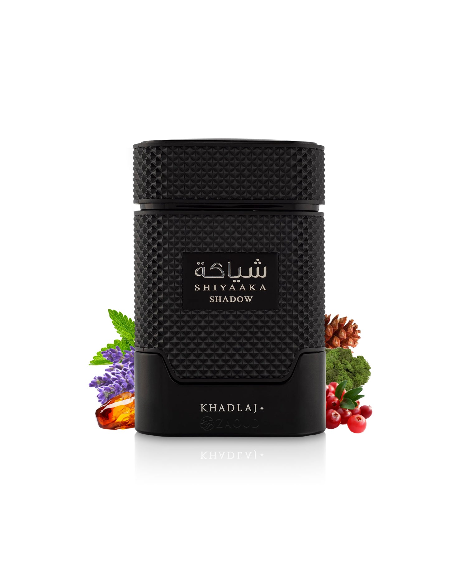 Black perfume bottle labeled 'Khadlaj Shiyaaka Shadow' on a white background with decorative elements like lavender and amber.