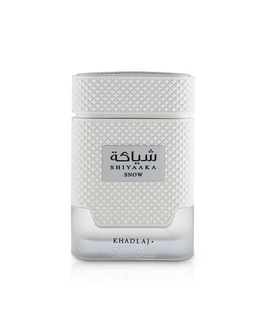 khadlaj shiyaaka snow perfume bottle shows against white background