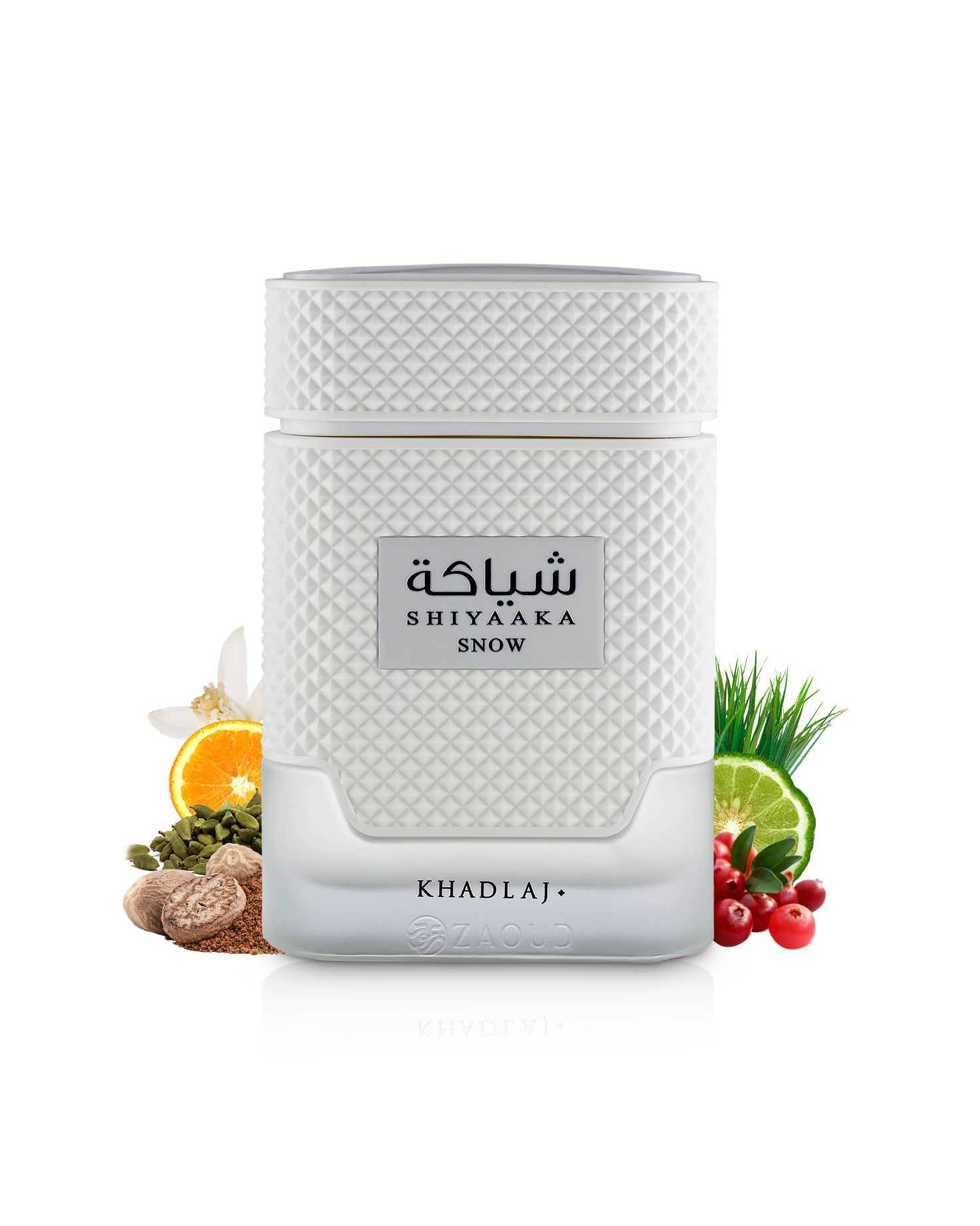 khadlaj shiyaaka snow perfume bottle surrounded by fragrance notes like nutmeg and citrus shows against white background