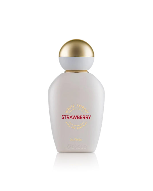 A frosted white perfume bottle with a metallic gold spherical cap, labeled 'White Forest STRAWBERRY' by Khadlaj , on a clean white background.