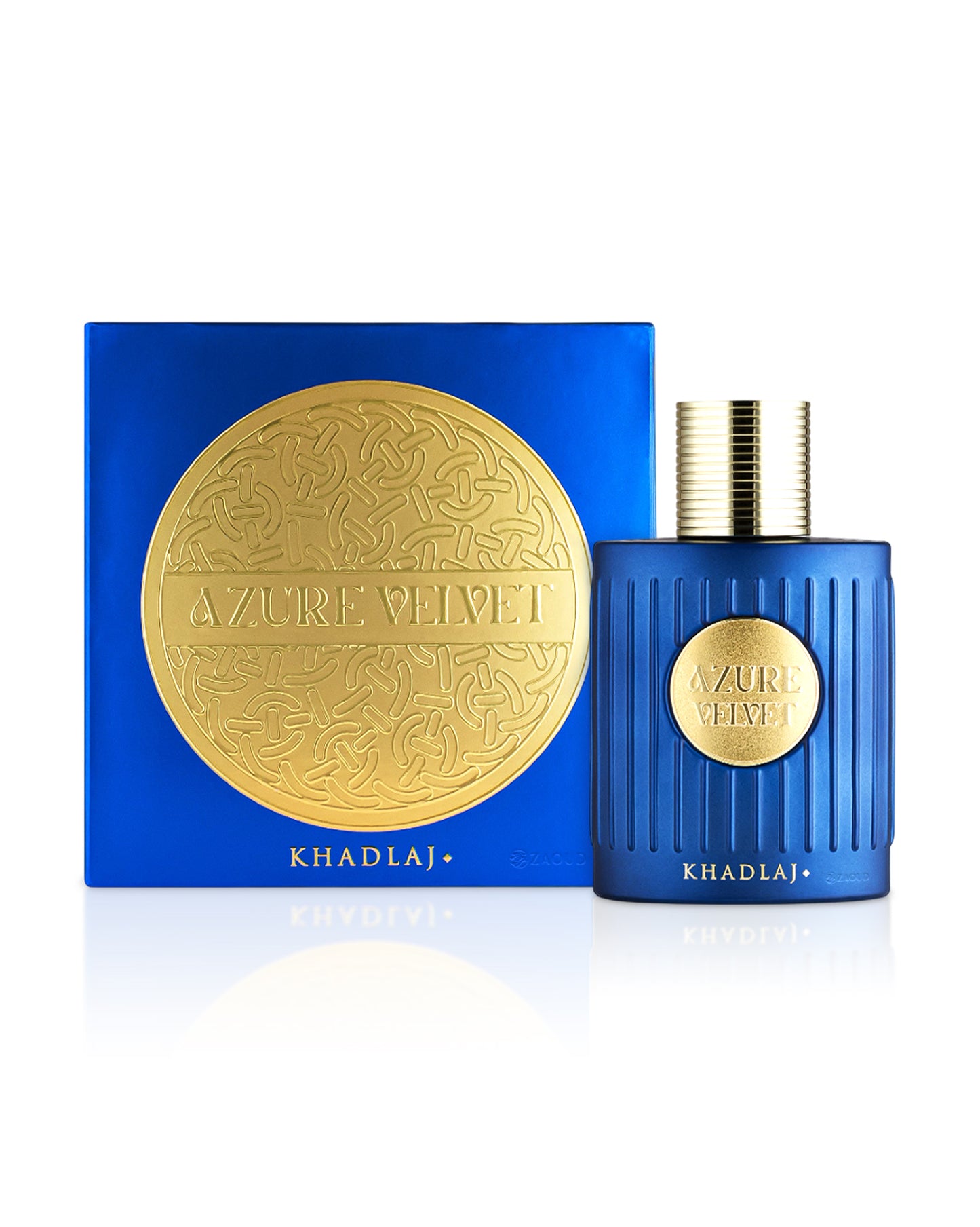 khadlaj azure velvet perfume bottle shows beside its box against white background