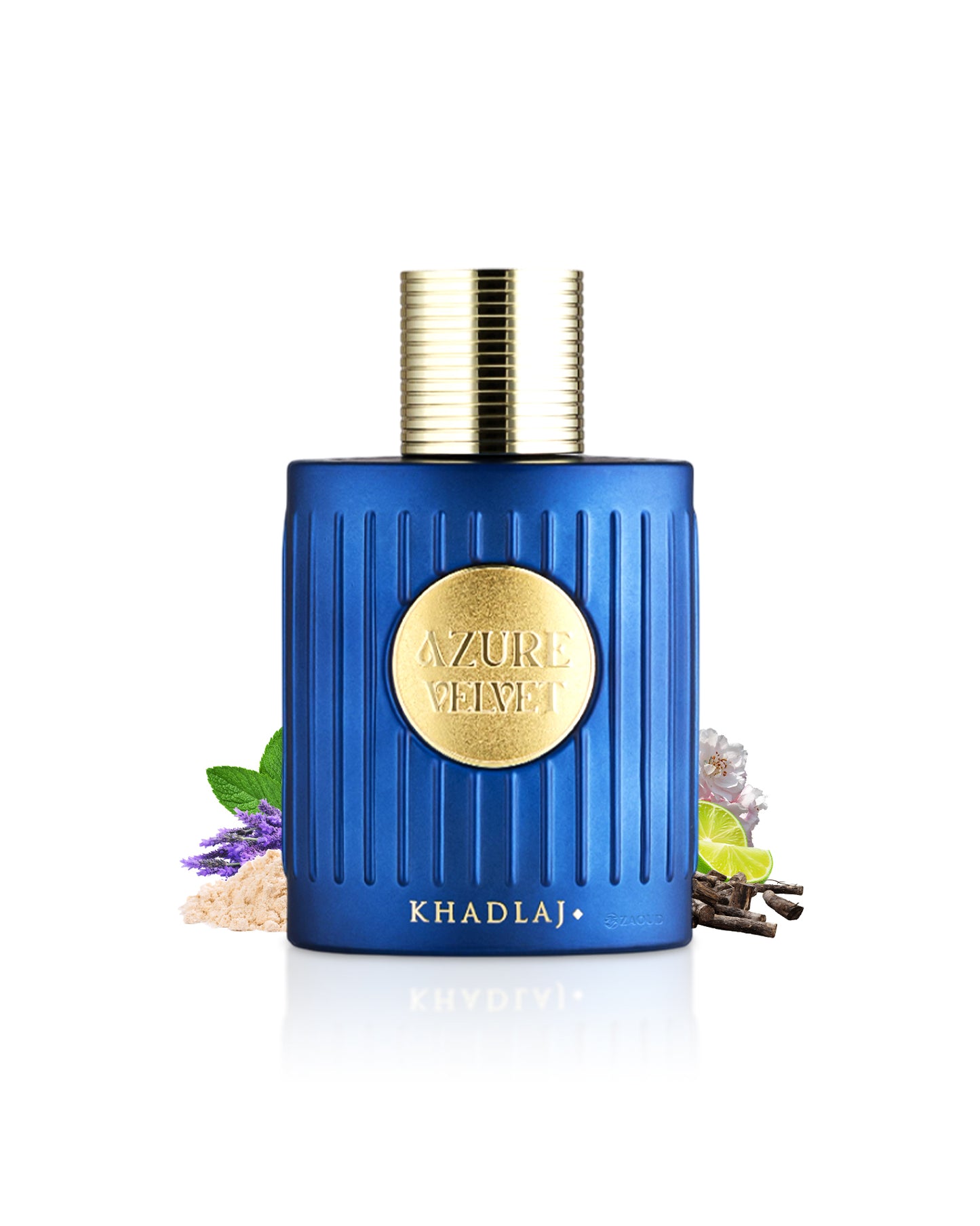 khadlaj azure velvet perfume bottle surrounded with fragrance notes like woodsy notes and lavender shows against white background