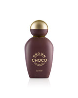 A bottle of khadlaj Brown Choco Eau de Parfum with a dark brown body, gold lettering, and a metallic gold spherical cap, set against a plain white background.