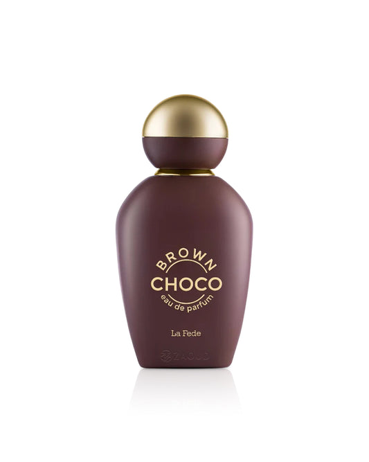 A bottle of khadlaj Brown Choco Eau de Parfum with a dark brown body, gold lettering, and a metallic gold spherical cap, set against a plain white background.