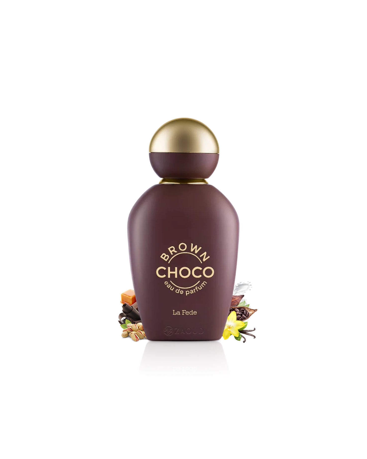 khadlaj brown choco perfume bottle surrounded with fragrance notes like pistachio and vanilla shows against white background