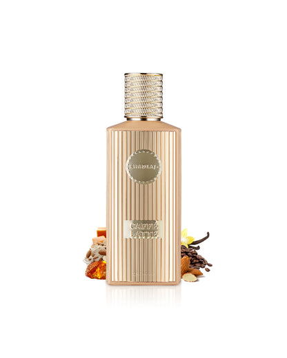 khadlaj caffe latte perfume bottle surrounded with fragrance notes like amber and almond shows against white background