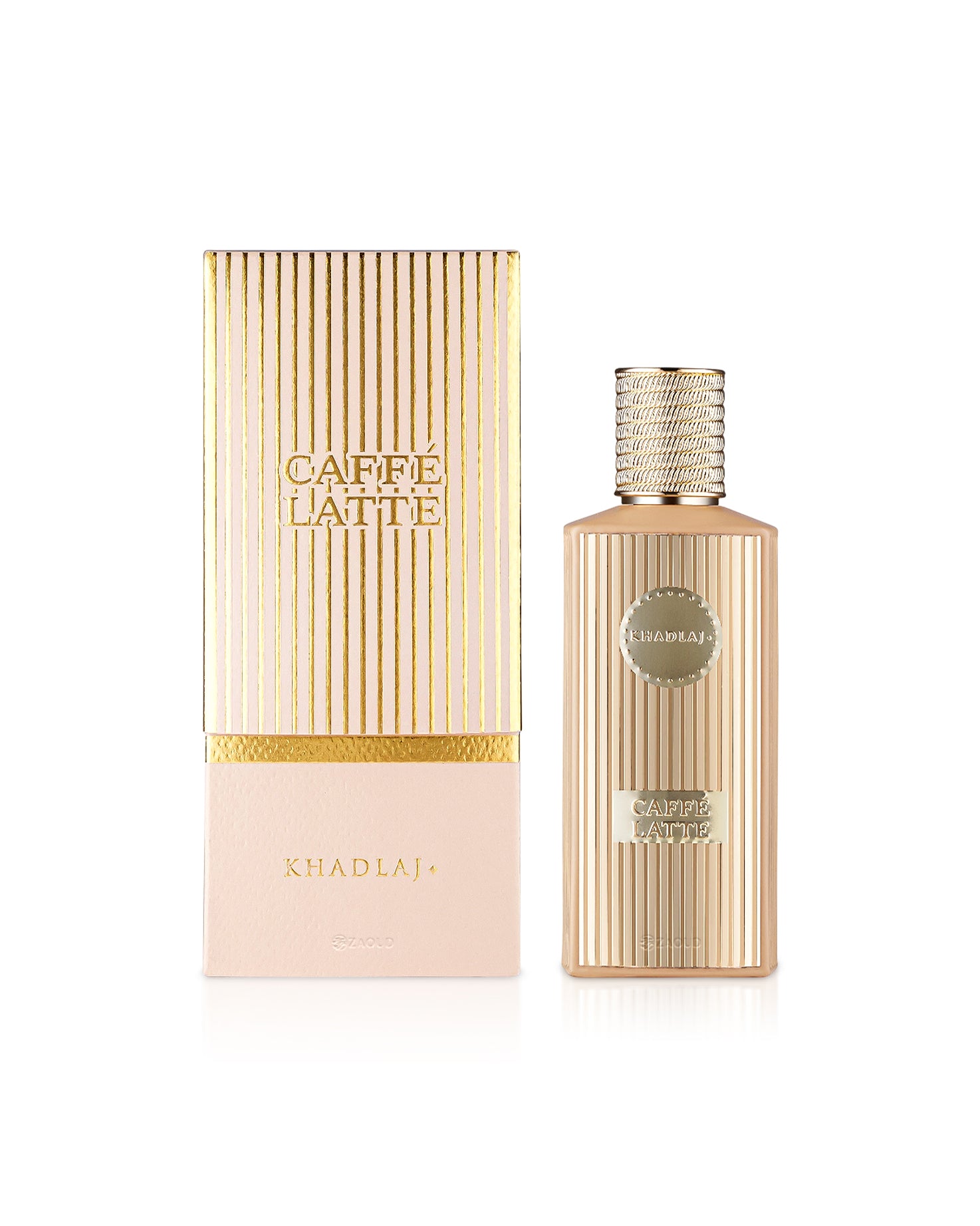 khadlaj caffe latte perfume bottle shows  beside its box against white background