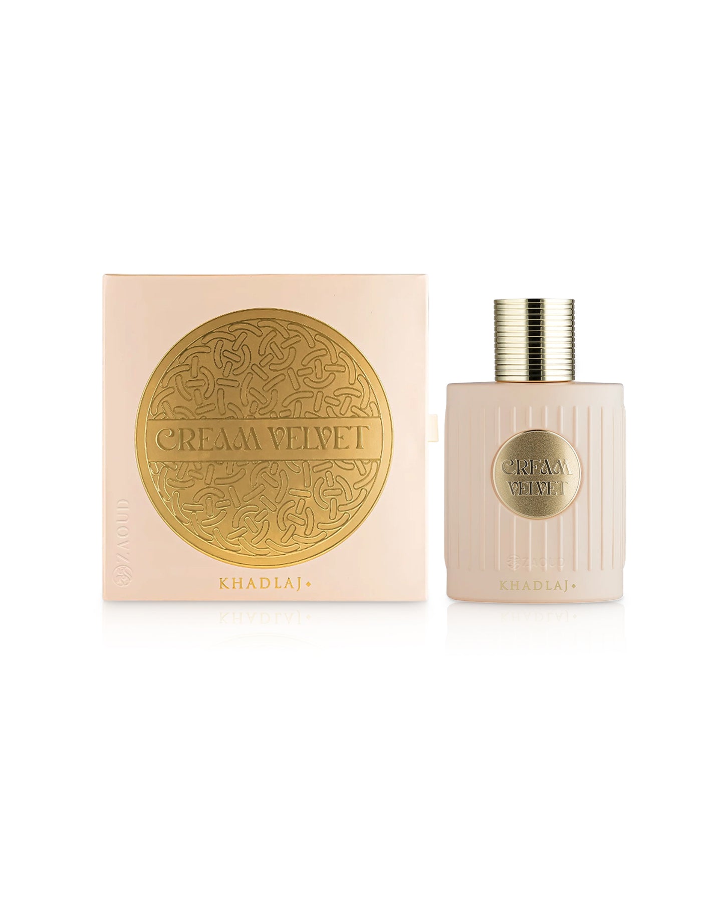 khadlaj cream velvet perfume bottle shows beside its box against white background