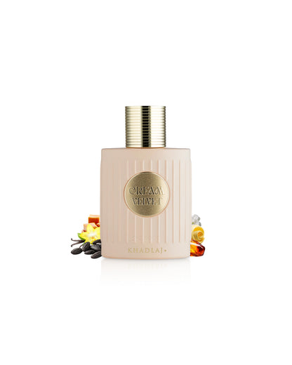 khadlaj cream velvet perfume bottle surrounded with fragrance notes like butter and vanilla shows against white background