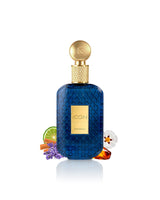 khadlaj icon perfume bottle surrounded by fragrance notes like lavender and amber shows against white background