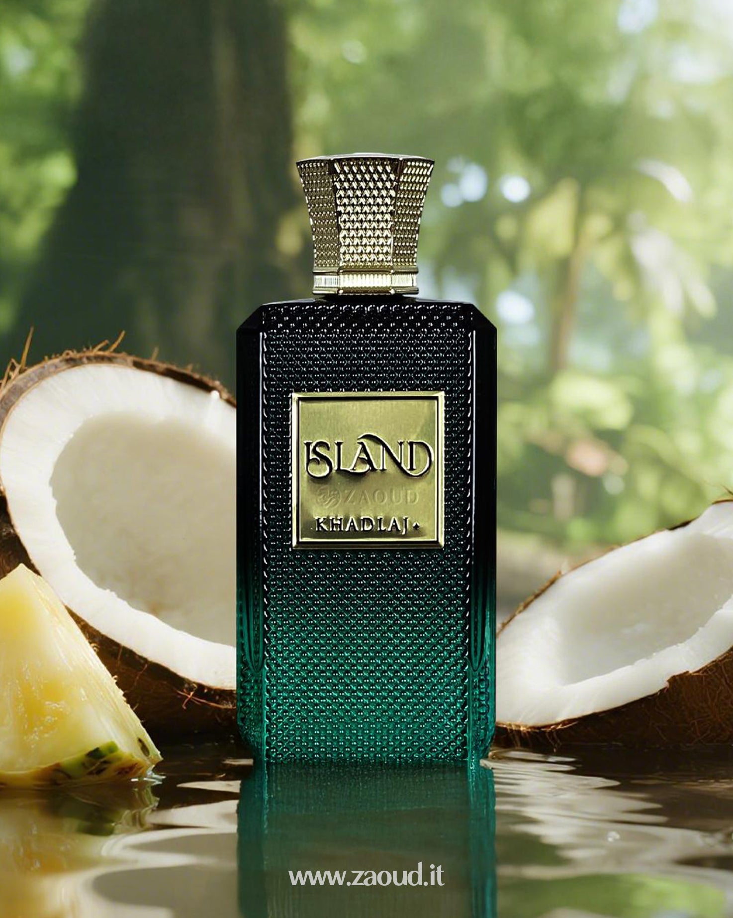 khadlaj island perfume bottle, featuring a luxurious design with a gold label and textured dark green body, surrounded by fresh coconut halves and pineapple slices, set against a tropical, sunlit background, capturing the essence of an exotic island fragrance.
