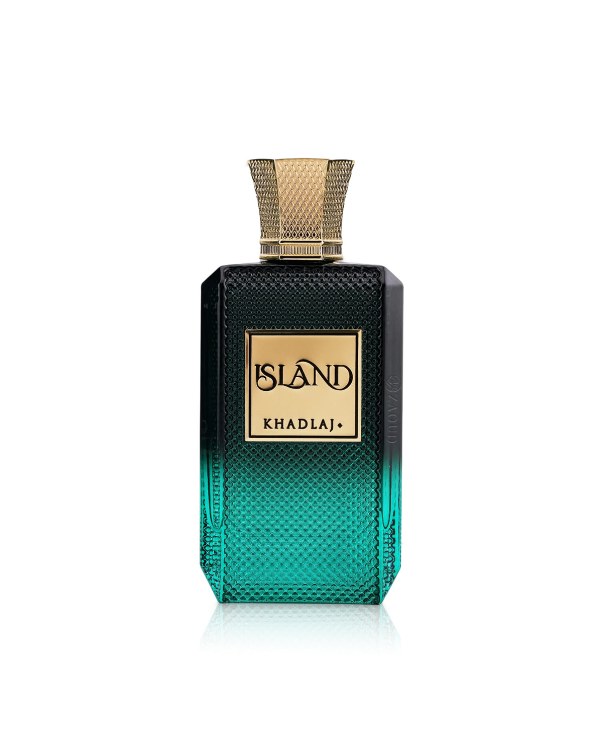 A rectangular fragrance bottle with a textured gradient from black at the top to teal-green at the bottom, featuring a gold-toned cap and a gold label that reads 'khadlaj ISLAND'.