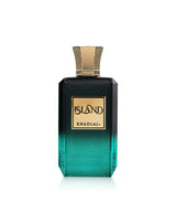 A rectangular fragrance bottle with a textured gradient from black at the top to teal-green at the bottom, featuring a gold-toned cap and a gold label that reads 'khadlaj ISLAND'.