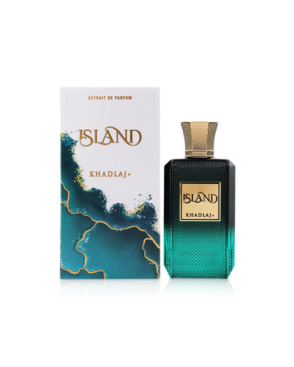 khadlaj island perfume bottle shows beside its box against white background