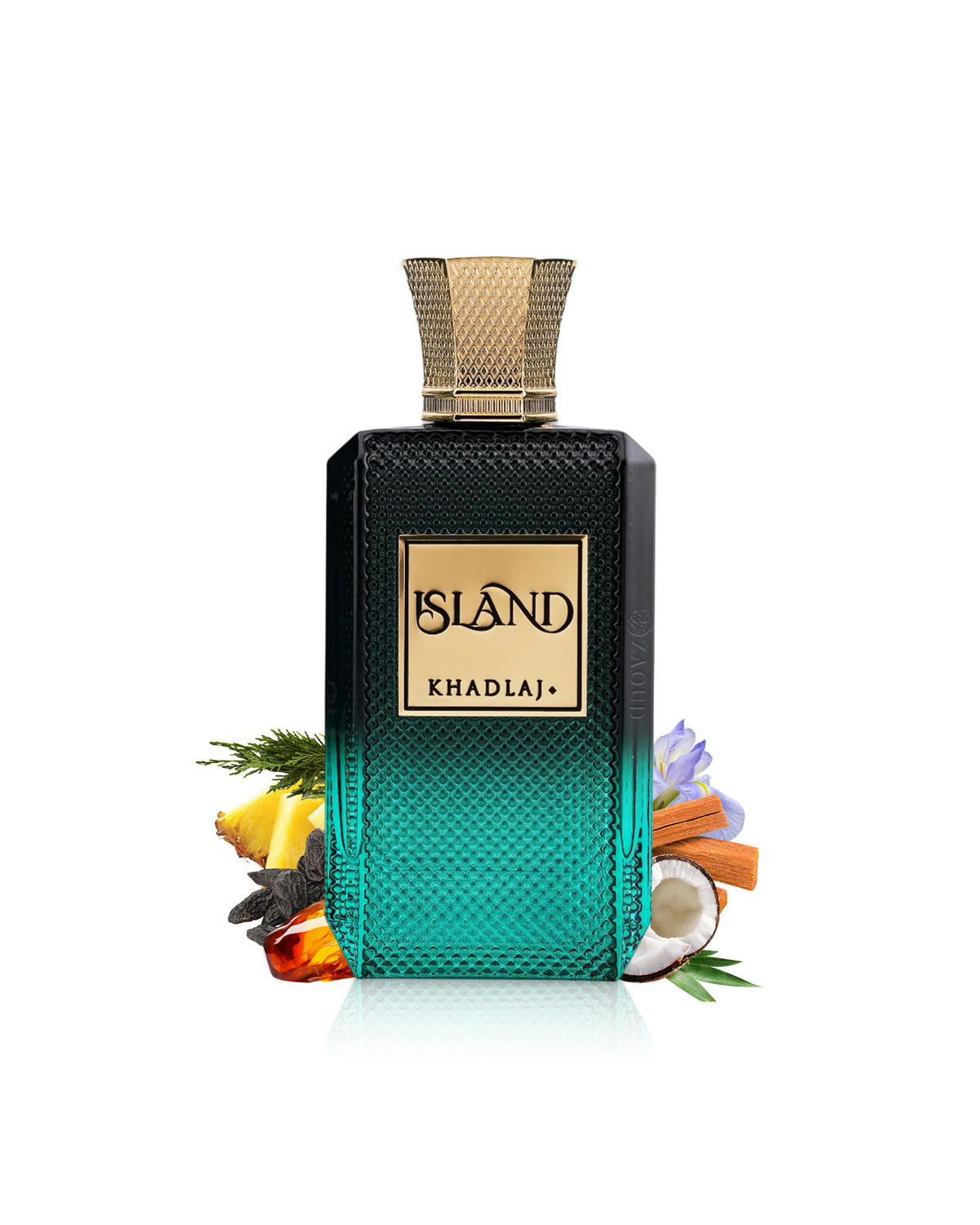 A rectangular perfume bottle labeled KHADLAJ ISLAND, with a black-to-teal gradient textured body and a gold cap, styled with tropical ingredients like lemongrass, citrus, cinnamon, and a coconut on a white background.