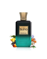 A rectangular perfume bottle labeled KHADLAJ ISLAND, with a black-to-teal gradient textured body and a gold cap, styled with tropical ingredients like lemongrass, citrus, cinnamon, and a coconut on a white background.