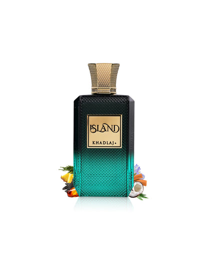 khadlaj island perfume bottle surrounde with fragrance notes like coconut and amber shows against white background