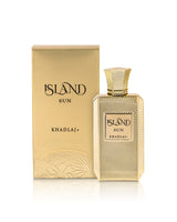 khadlaj island sun perfume bottle shows beside its packaging against white background