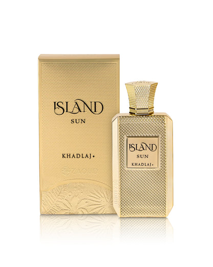 khadlaj island sun perfume bottle shows beside its packaging against white background