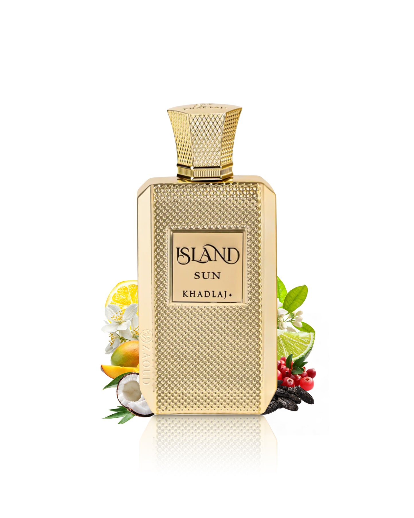 khadlaj island sun perfume bottle surrounded with fragrance notes like fruits and citrus shows against white background