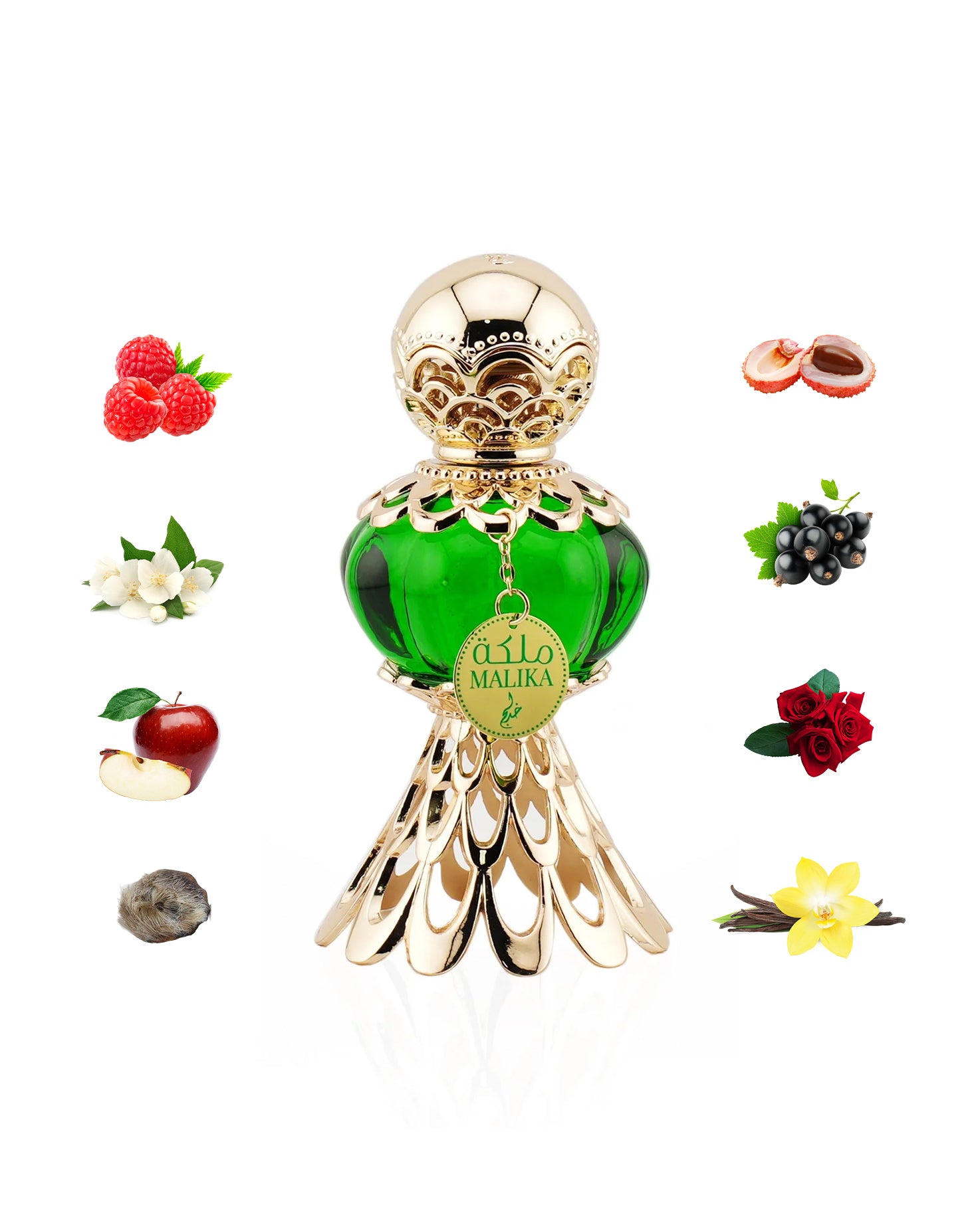 khadlaj malika green perfume oil bottle shows its ingredients arround like rose and apple with many others against white background 