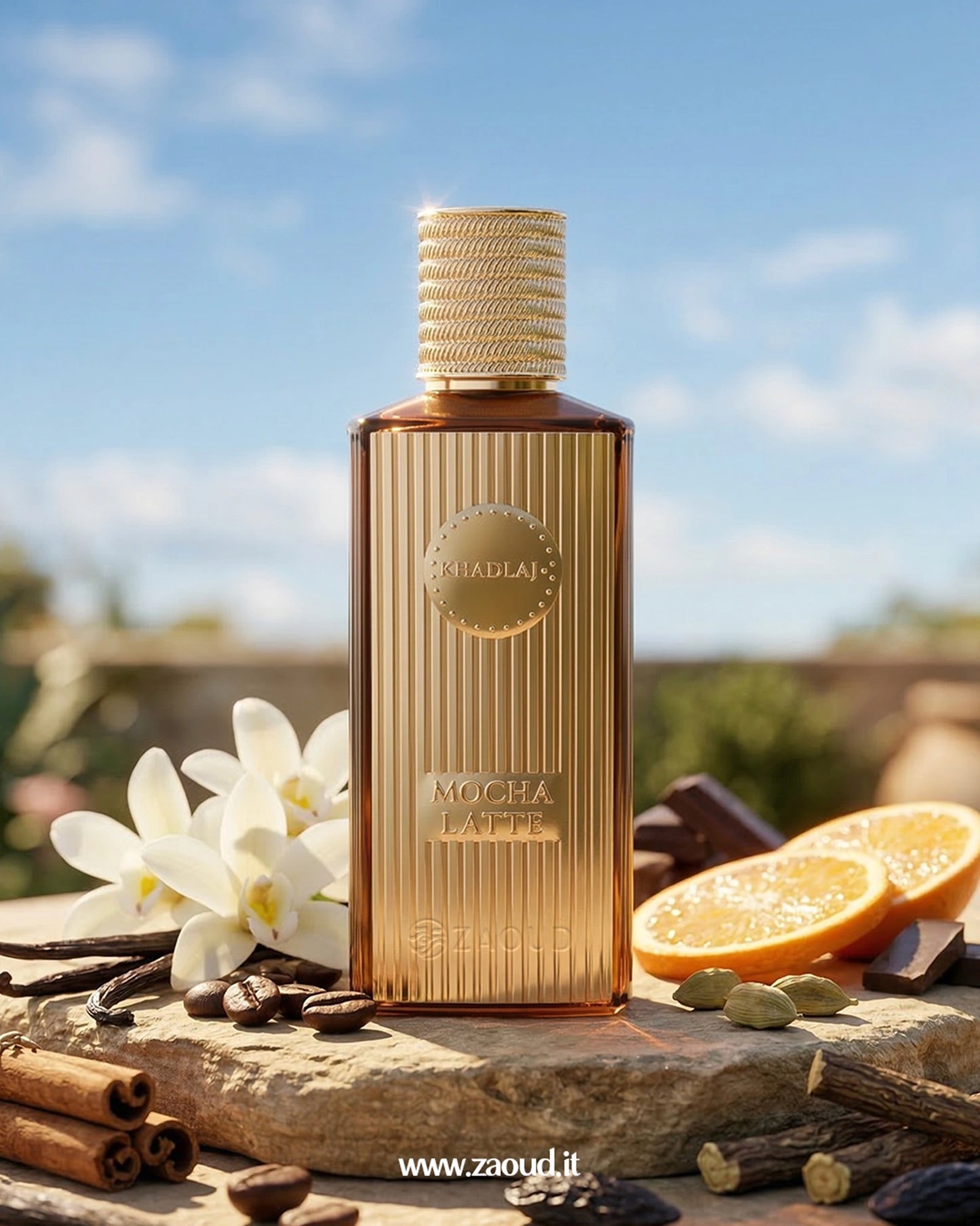 Khadlaj Mocha Latte extrait perfume bottle with coffee beans chocolate cinnamon vanilla and orange slices on stone surface luxury coffee gourmand fragrance