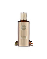khadlaj mocha latte perfume bottle surrounded with fragrance notes like caffee and chocolate shows against white background