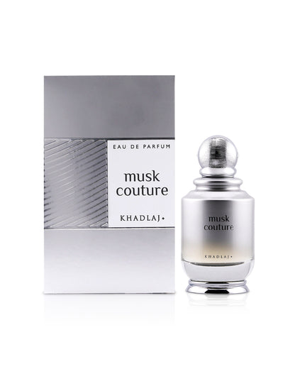 khadlaj musk couture perfume bottle shows beside its box against white background 