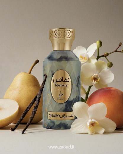 Nabais perfume bottle with vanilla, pear, peach, and orchid on a neutral background