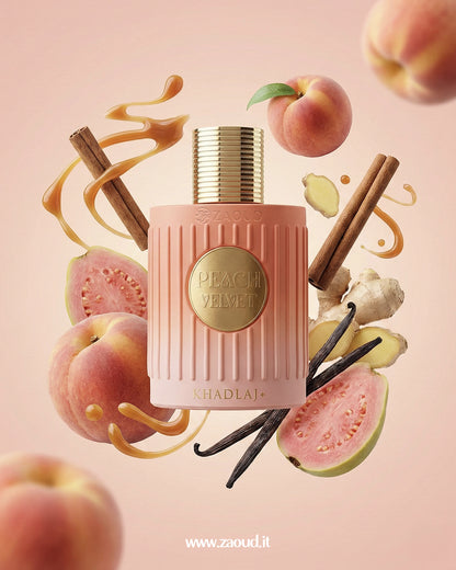 khadlaj-peach-velvet-edp surrounded by peaches, vanilla beans, and cinnamon on a pink background