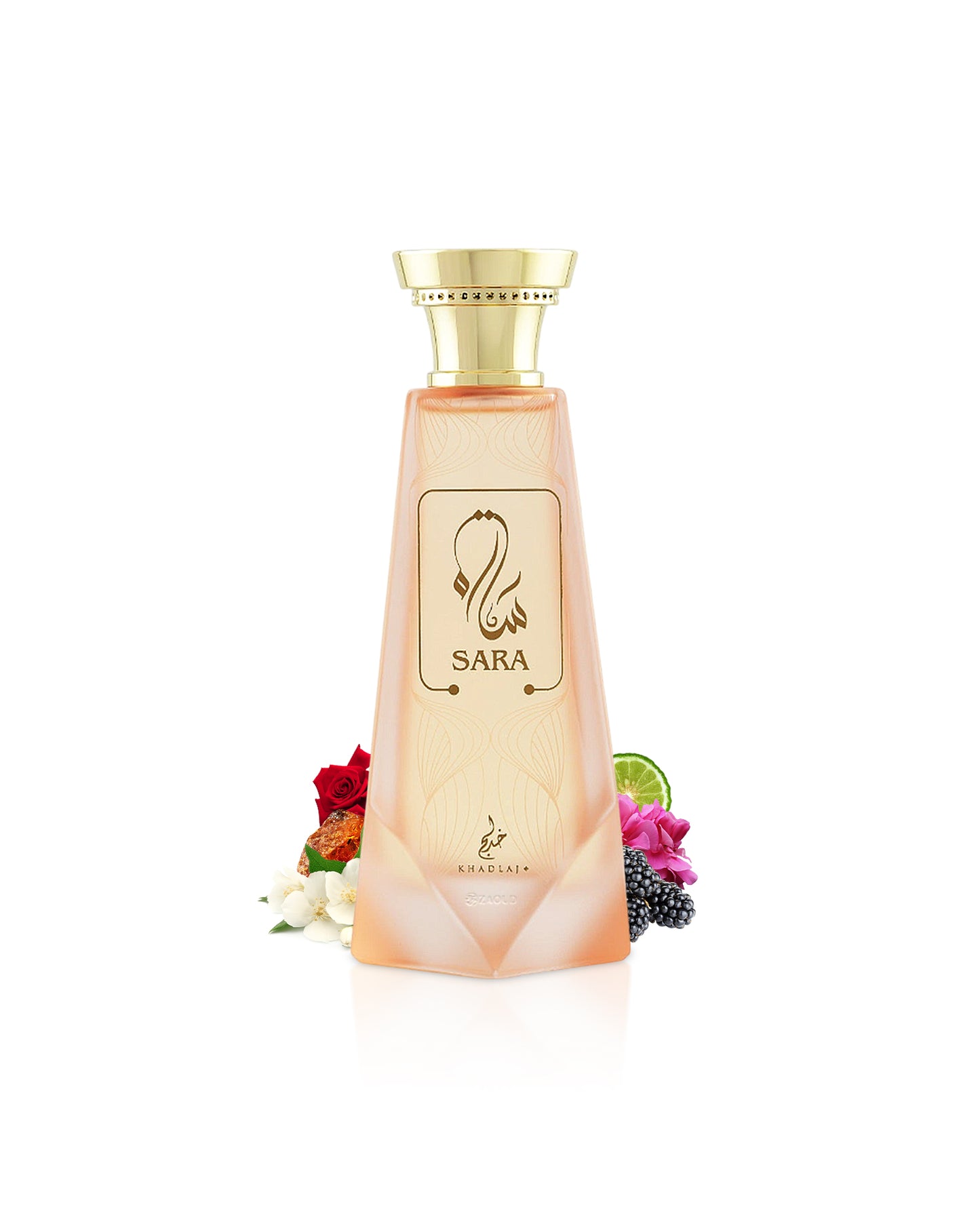 khadlaj sara extrait perfume bottle surrounded with fragrance notes like rose and citrus shows against white background