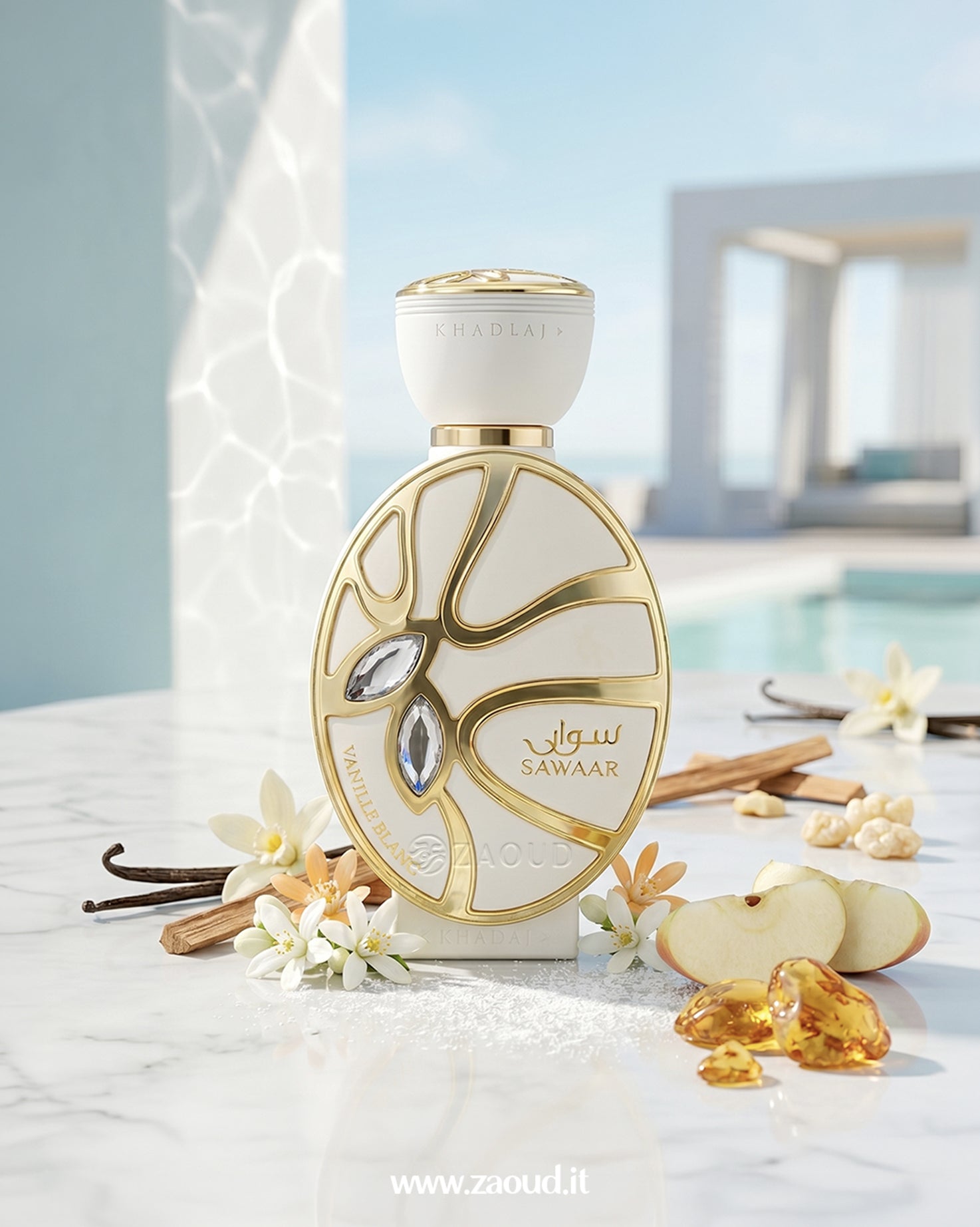 Elegant Khadlaj Sawaar Vanille Blanc perfume bottle surrounded by vanilla pods, apple slices, white florals, cinnamon, and amber resin showcasing a creamy vanilla cashmere gourmand scent.