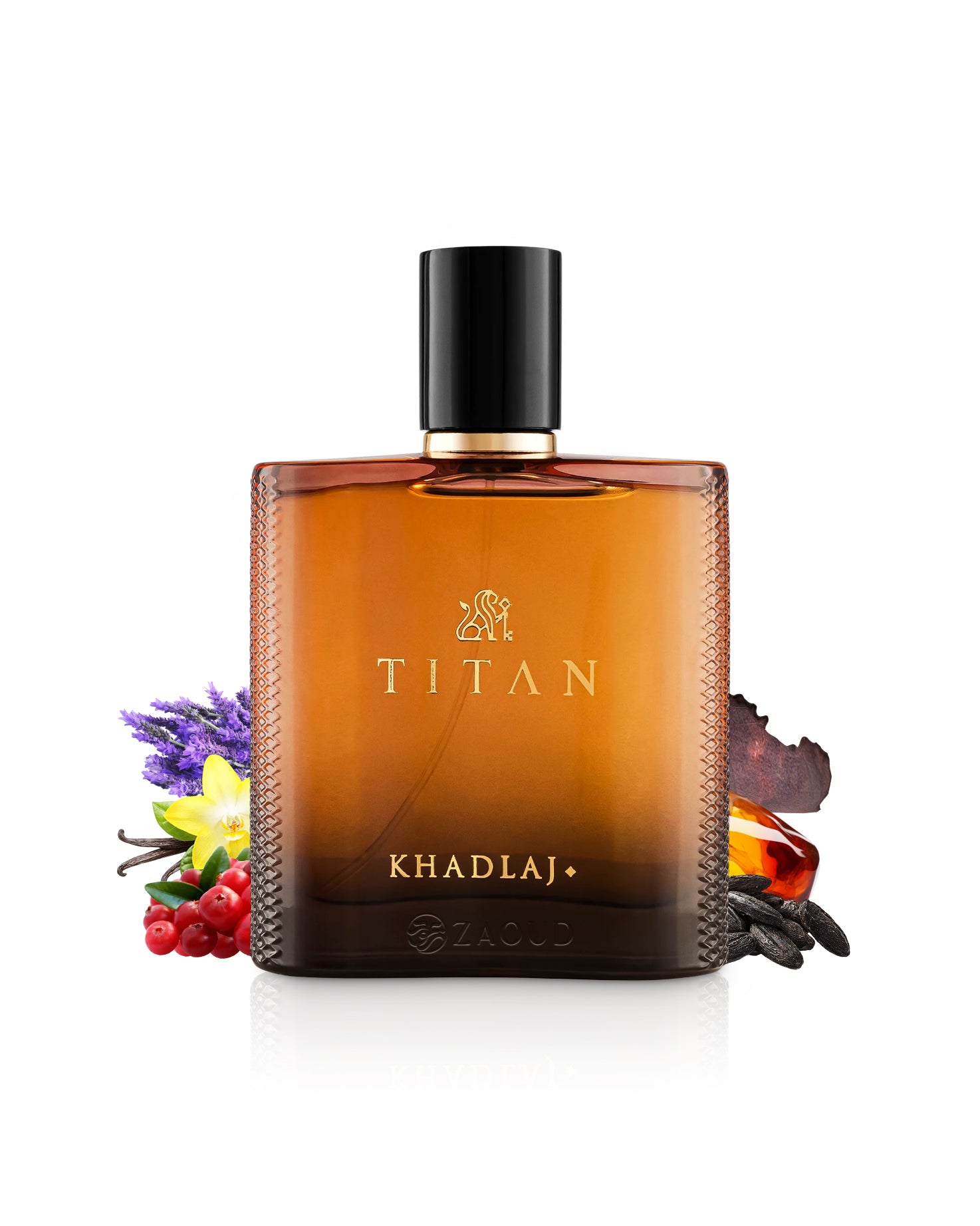 khadlaj titan perfume bottle surrounded by fragrance notes like tonka beans and pink pepper shows against white bakground