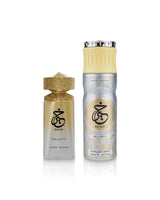 khair felicity perfume bottle and deodorant  can beside shows against white background