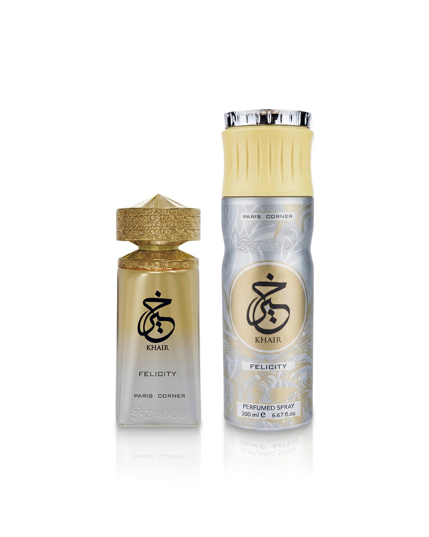khair felicity perfume bottle and deodorant  can beside shows against white background