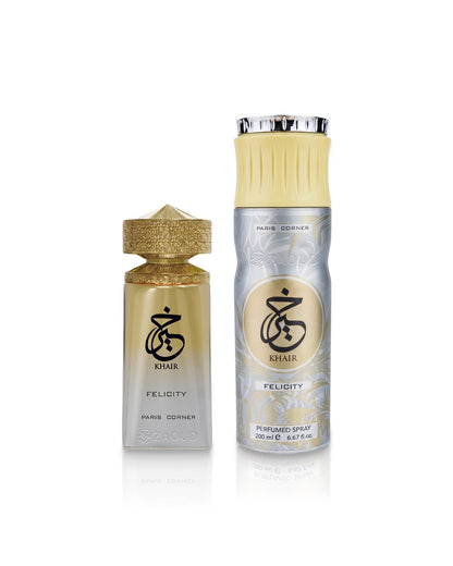 khair felicity perfume bottle and deodorant  can beside shows against white background