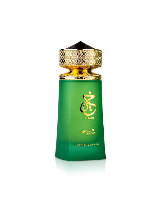 paris corner khair pistachio green perfume bottle shows against white background