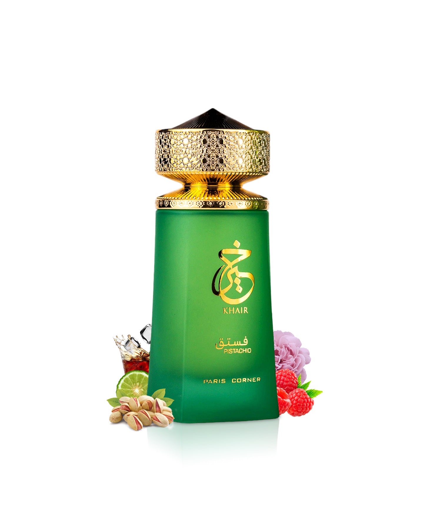 paris corner khair pistachio green perfume bottle surrounded with fragrance notes like pistachio and berries shows from behind the bottle against white background