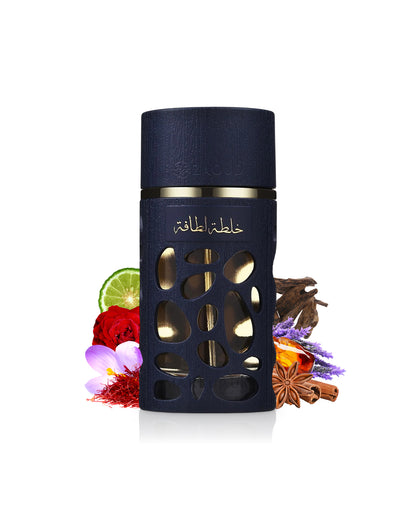 khalta blend of lattafa perfume bottle surrounded by fragrance notes like saffron and spices shows against white background