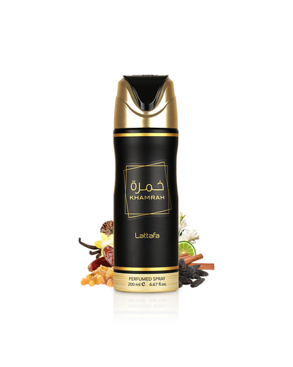 lattafa khamrah deodorant bottle surrounded with fragrance notes like dates and vanilla shows against white background