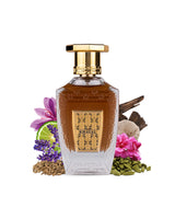 khayal eau de parfum perfume bottle surrounded with it's ingredients like cardamom and saffron with many more shows from behind the bottle against white background