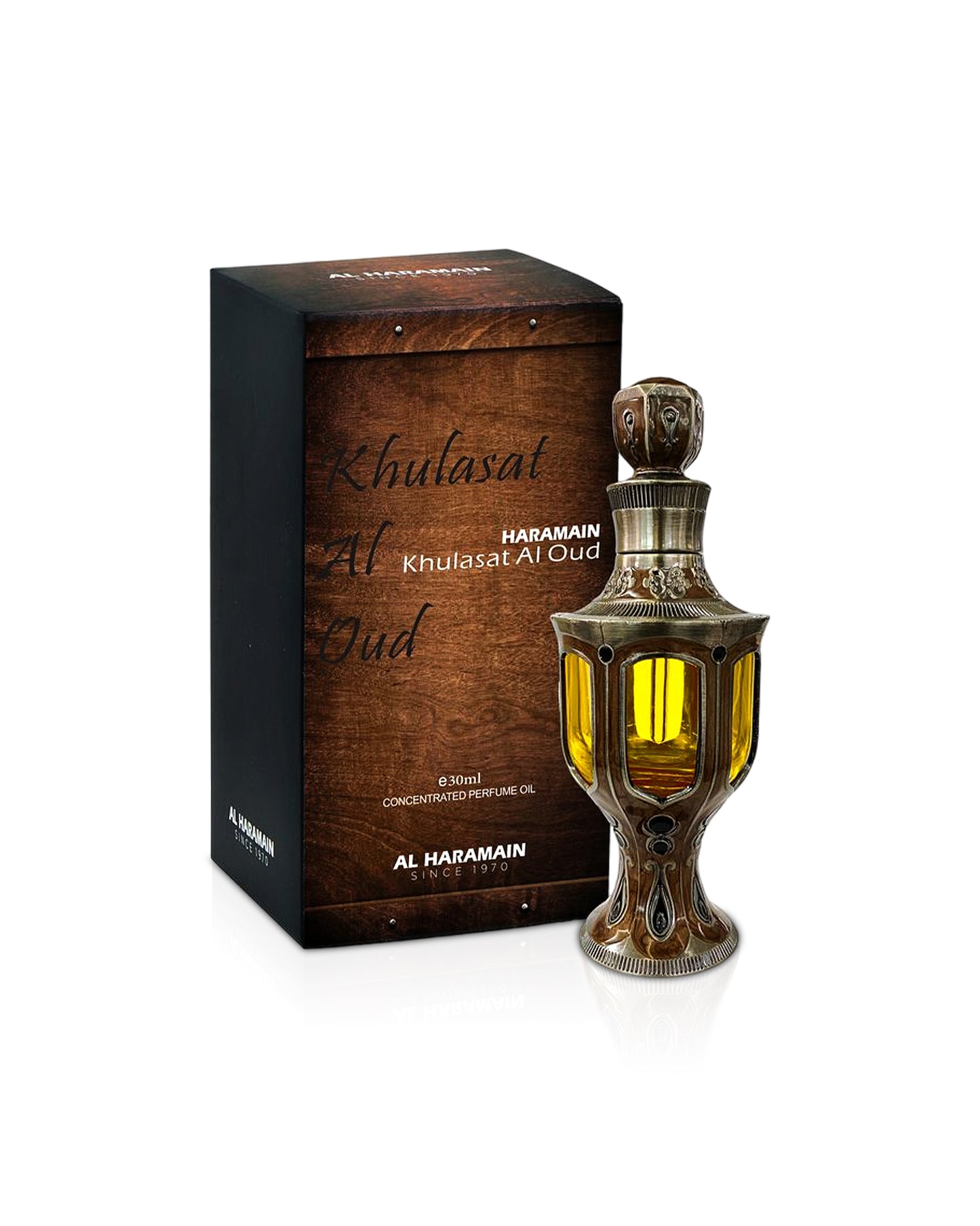 khulasat al oud by al haramain perfume oil bottle shows beside its box against white background