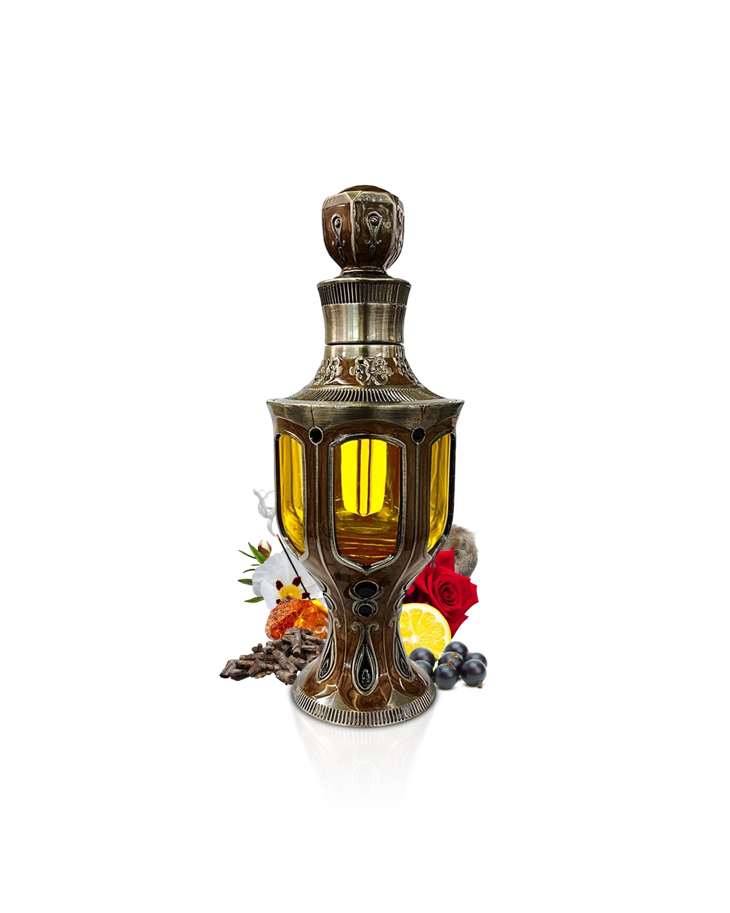 khulasat al oud by al haramain perfume oil bottle surrounded with its ingredients like amber and rose with many others shows from behind the bottle against white background