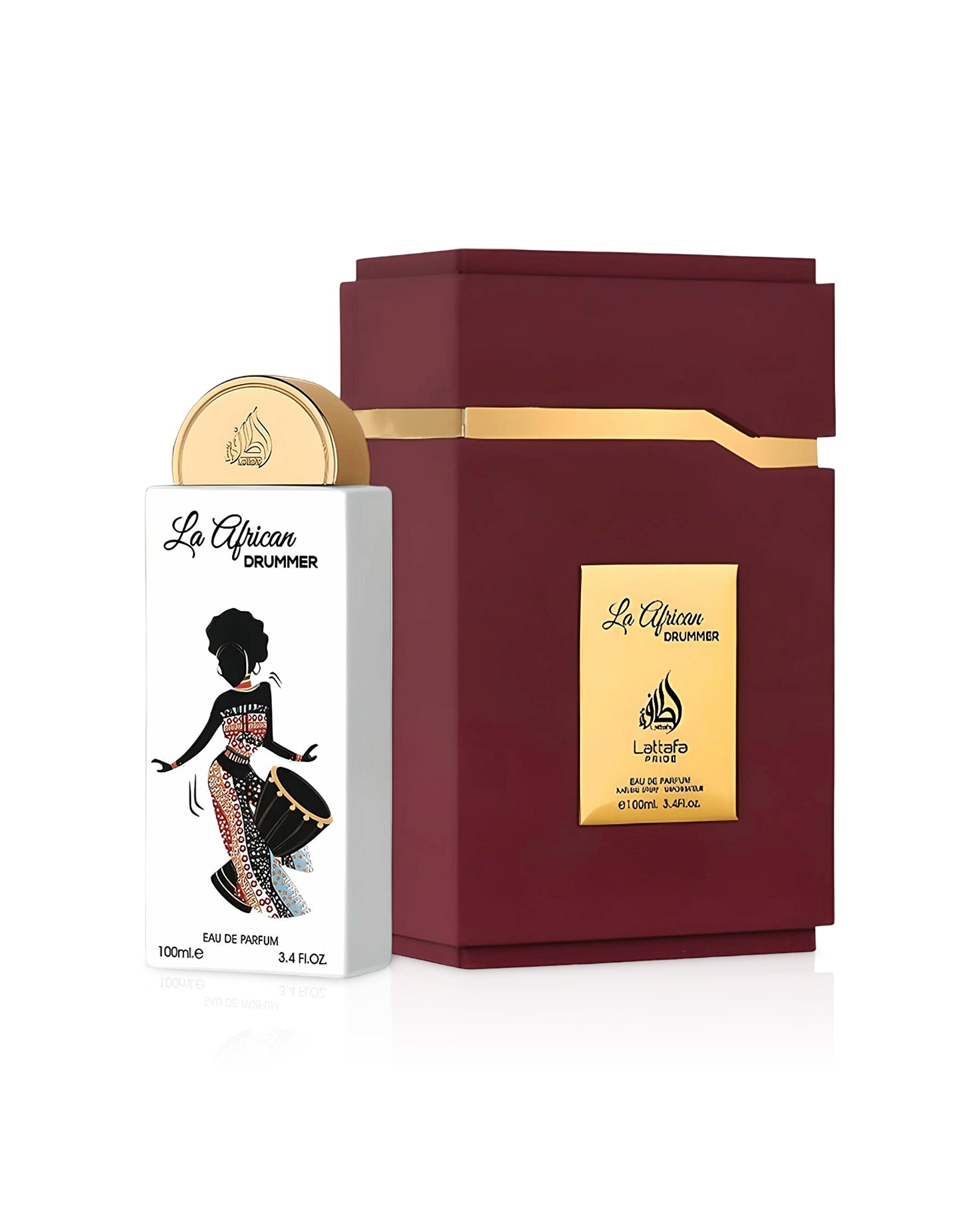 la african drummer by lattafa pride perfume bottle shows beside its box against white background