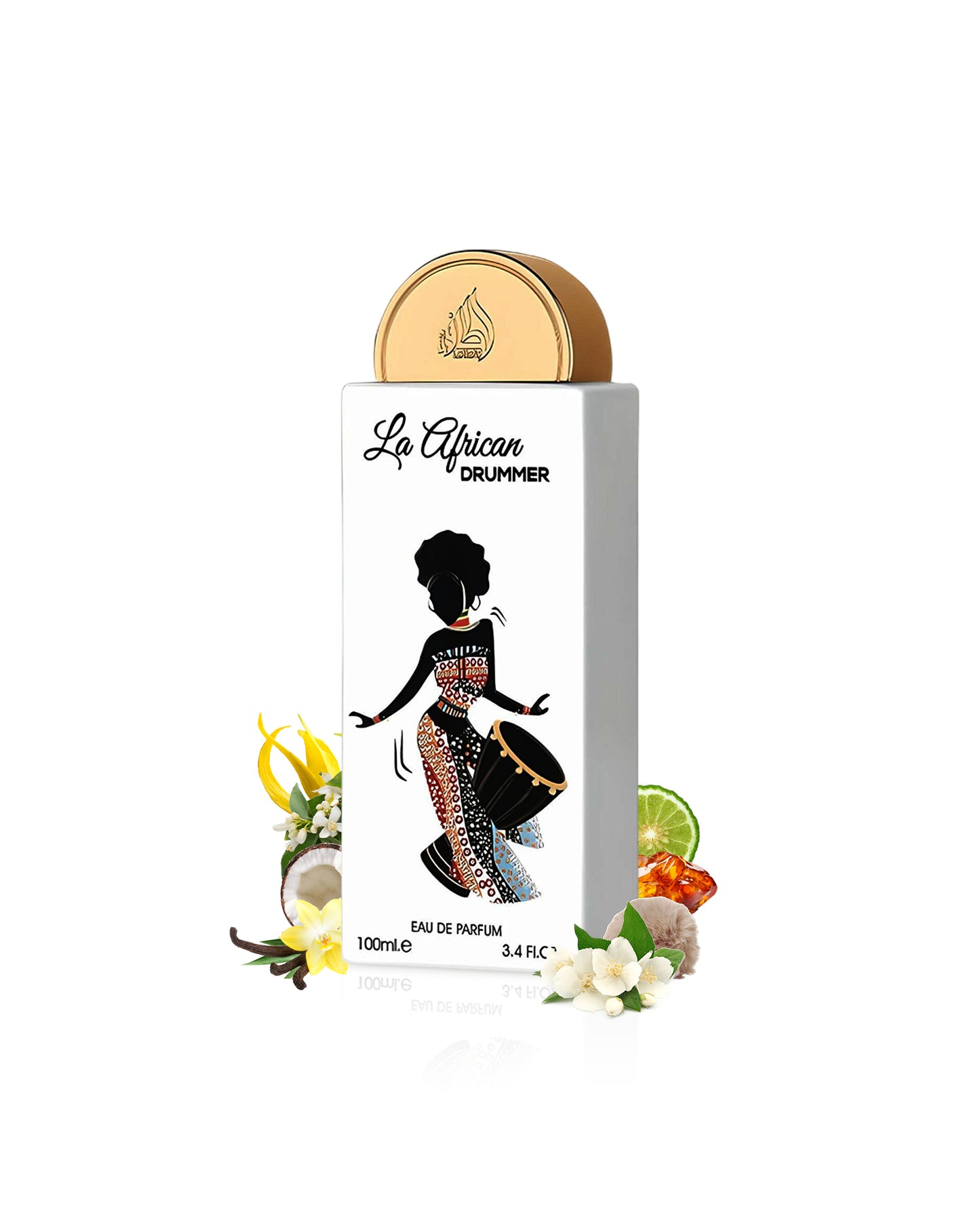 la african drummer by lattafa pride perfume bottle surrounded with its ingredients like vanilla and coconut shows from behind the bottle against white background