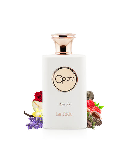 la fede opera rose l'or by khadlaj perfume bottle surrounded with its ingredients like rose and litchy with many others shows from behind the bottle against white background