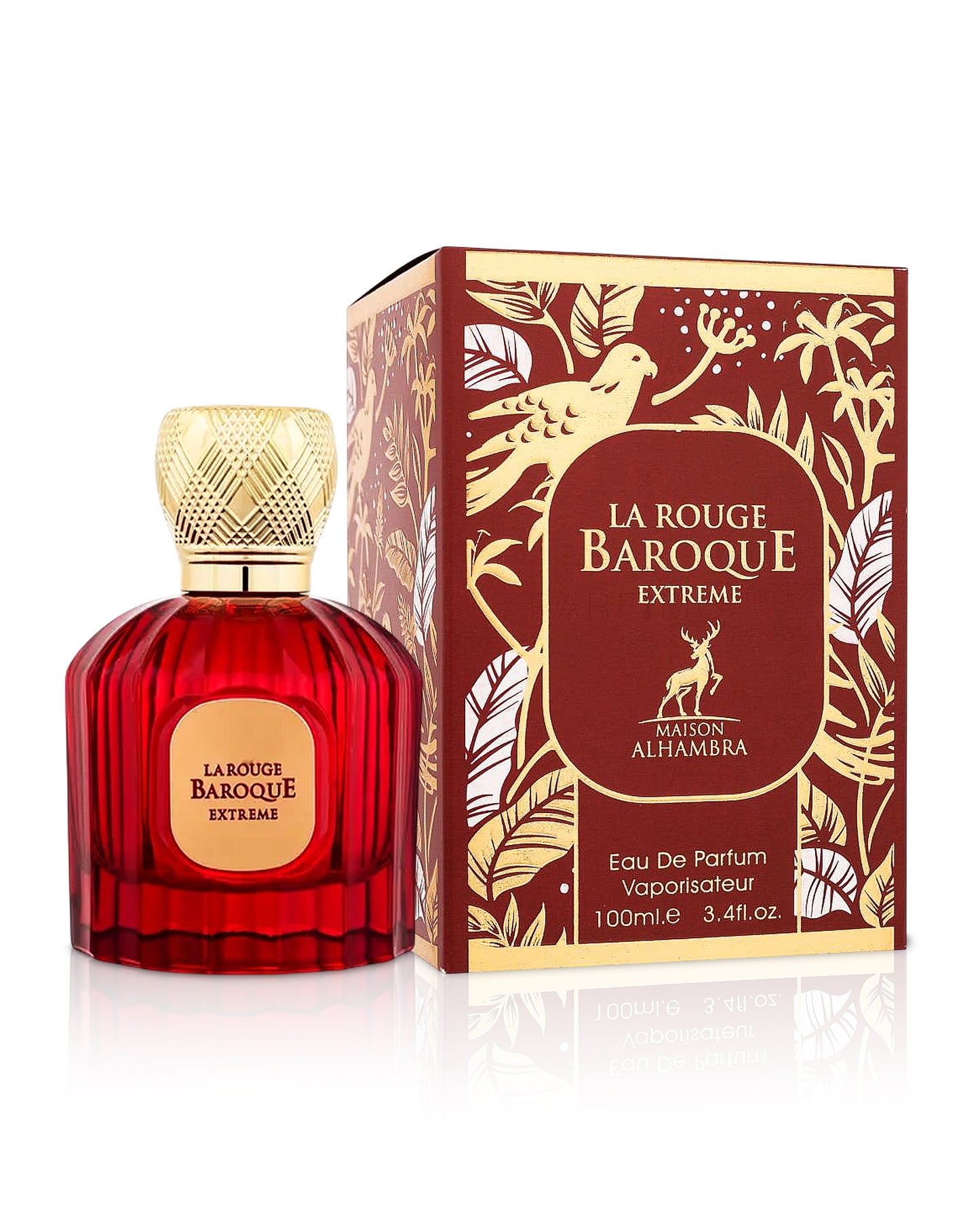 la rouge baroque extreme perfume bottle shows beside its box against white background 