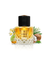 la fede Intoxicate eau de parfum perfume bottle surrounded by glass of cognac and coconut against white background